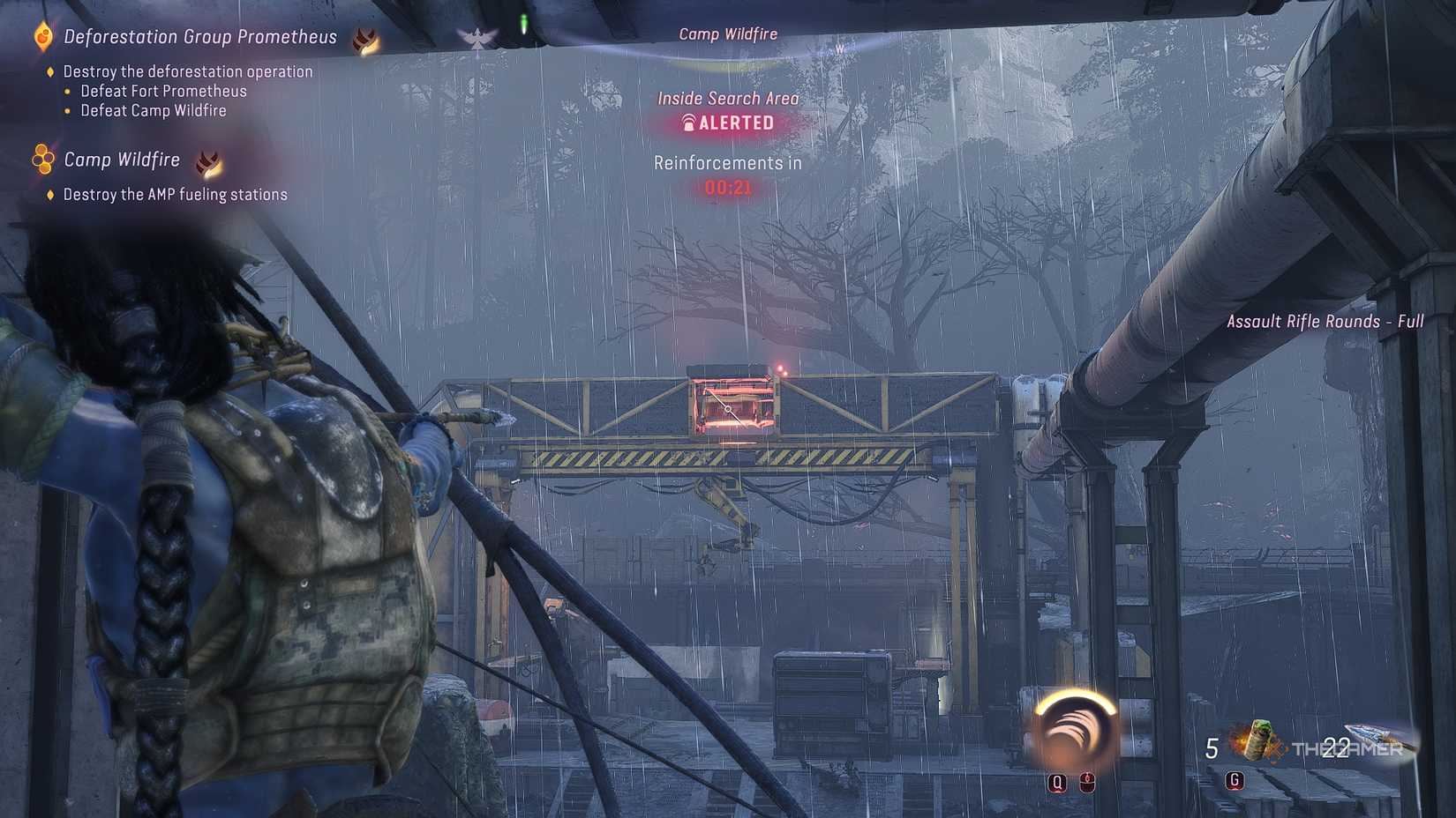 Avatar_ Frontiers of Pandora™ Firing an arrow at an AMP fueling station in Camp Wildfire.