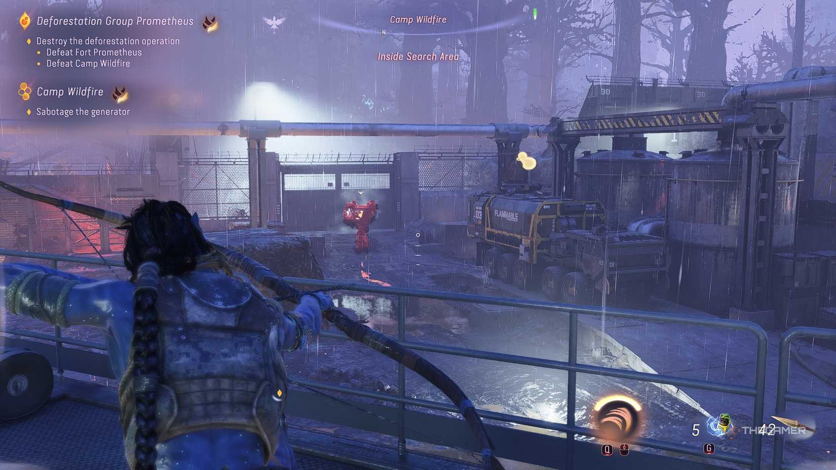 Avatar_ Frontiers of Pandora™ Firing arrows at a truck in Camp Wildfire.