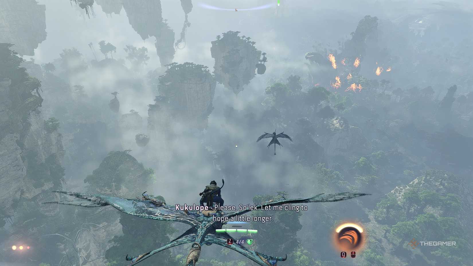 Avatar_ Frontiers of Pandora™ Flying towards a burning wreckage with Kukulope on ikran.