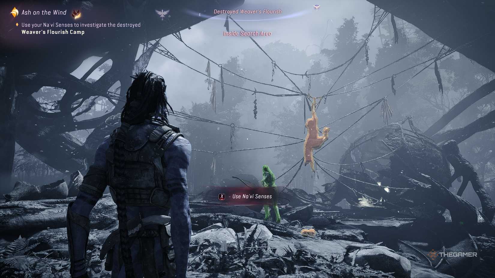 Avatar_ Frontiers of Pandora™ Investigating a tied up direhorse in ashes.