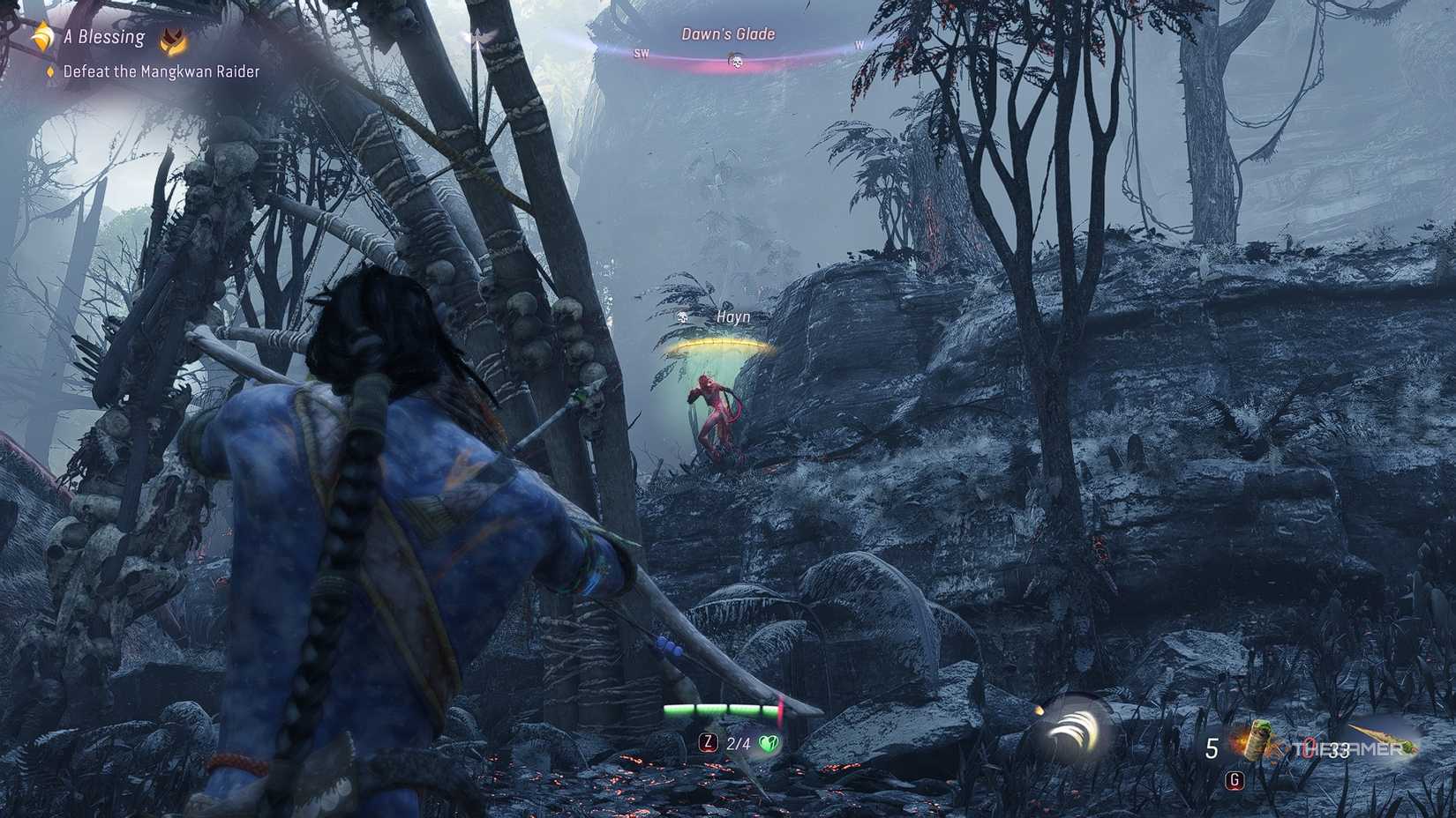 Avatar_ Frontiers of Pandora™ Mangkwan Raider Hayn leaping across the forest while So'lek fires arrows at them.