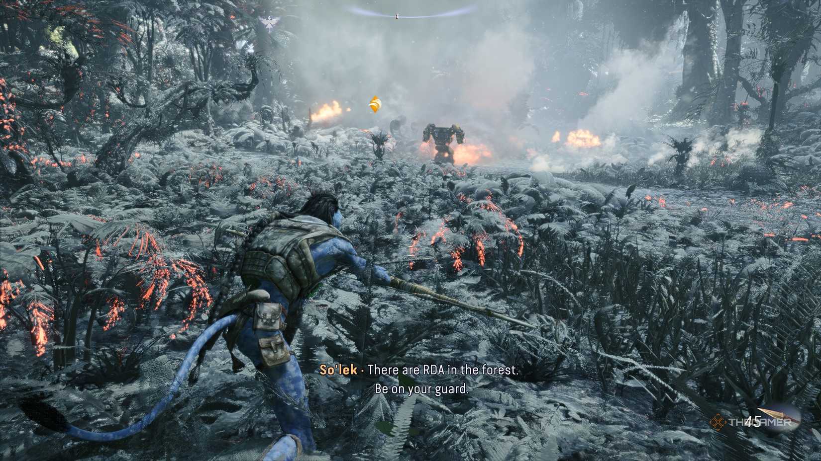 Avatar_ Frontiers of Pandora™ Sneaking towards RDA units in an ashen forest.