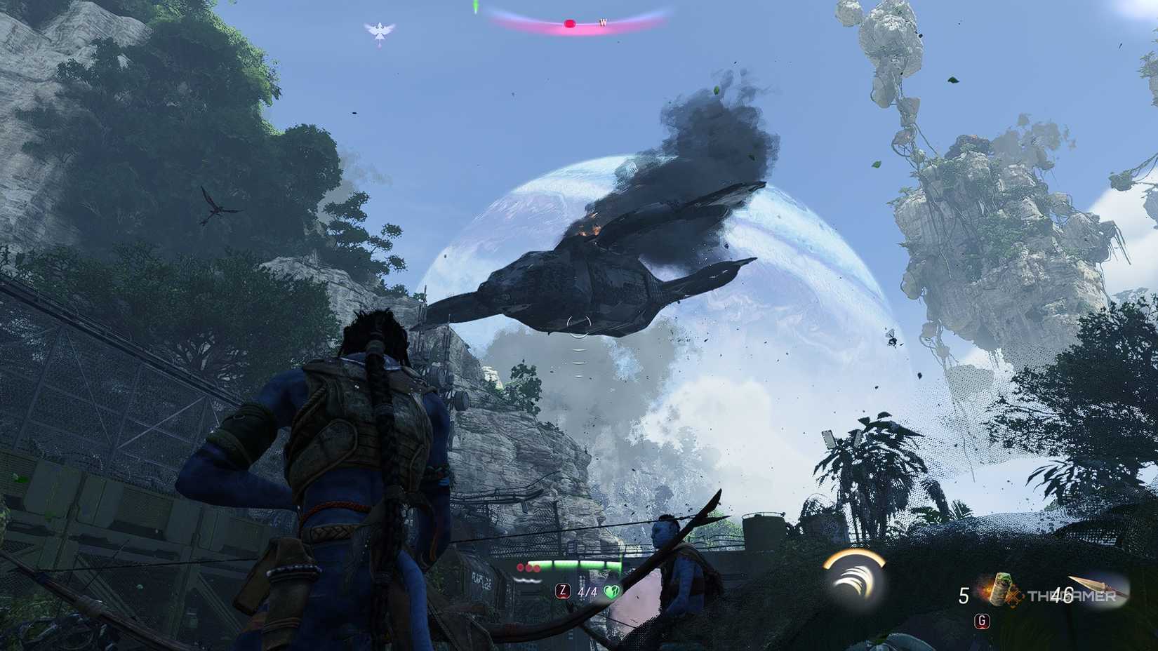 Avatar_ Frontiers of Pandora™ So'lek bringing down an air ship with a rocket launcher.