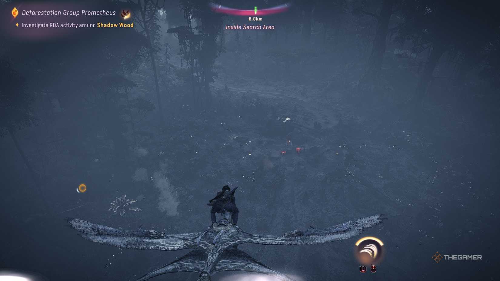 Avatar_ Frontiers of Pandora™ So'lek flying towards a burned down forest camp.