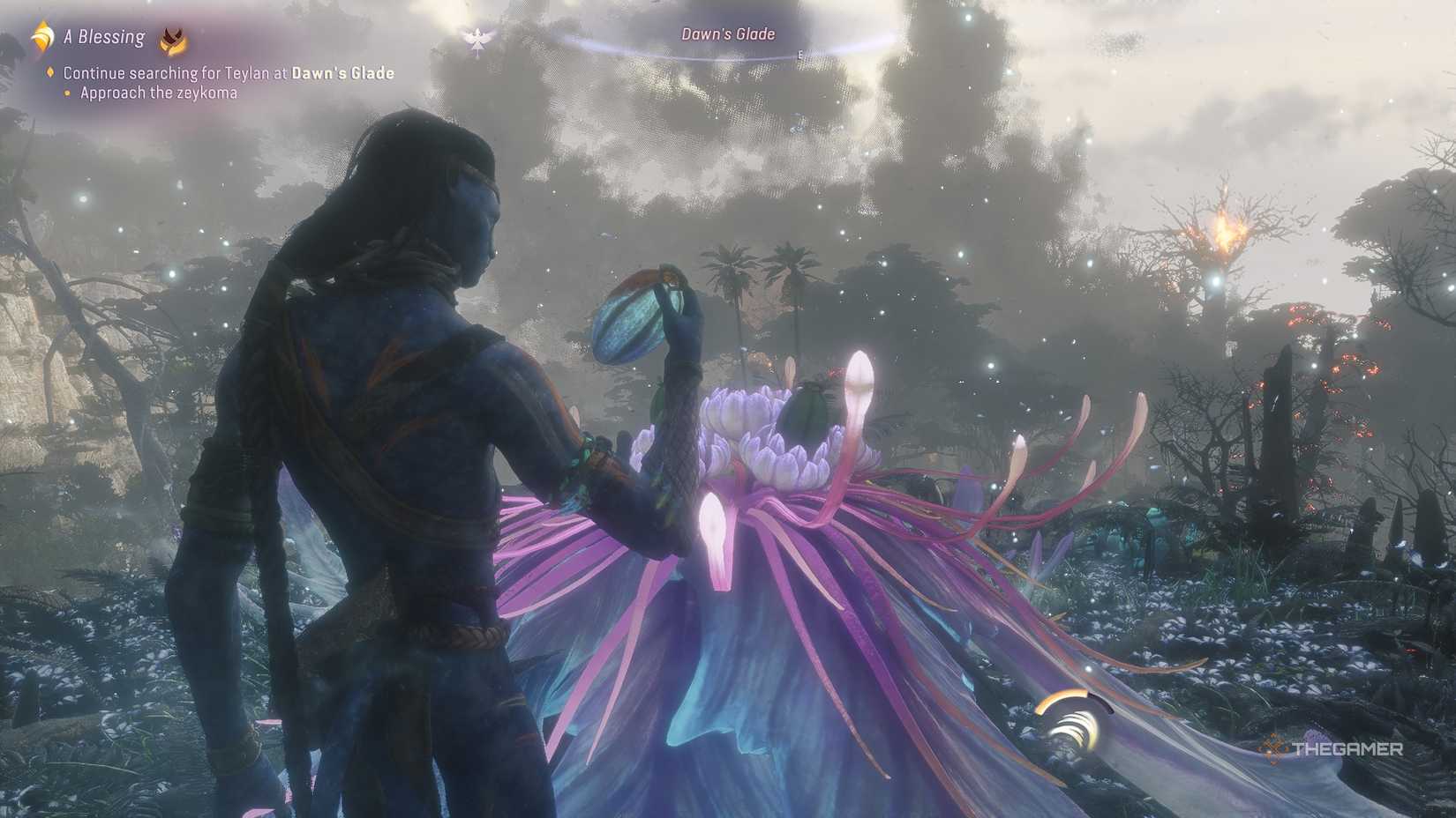 Avatar_ Frontiers of Pandora™ So'lek grabbing a zeykoma fruit.