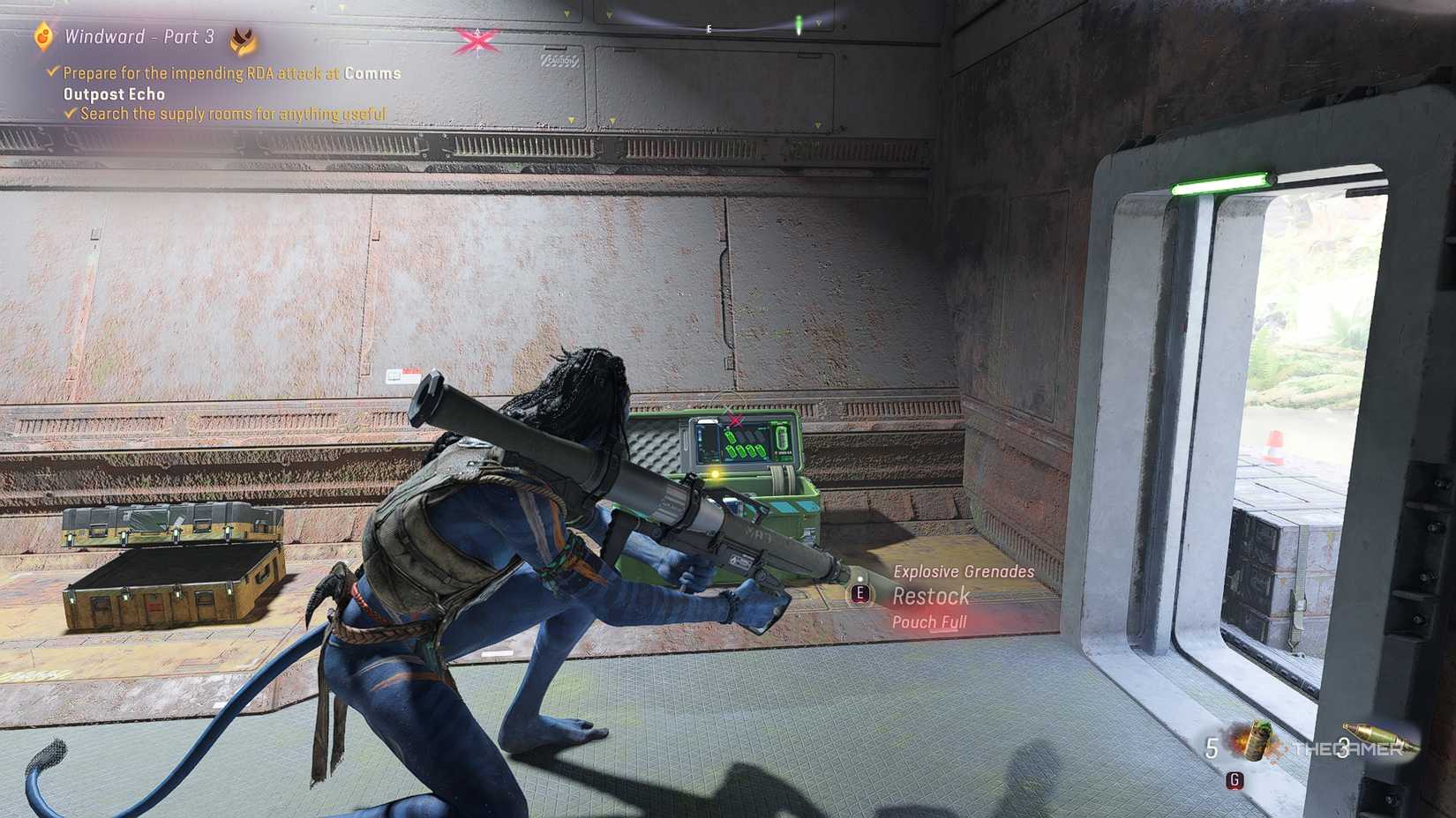 Avatar_ Frontiers of Pandora™ So'lek holding a rocket launcher.