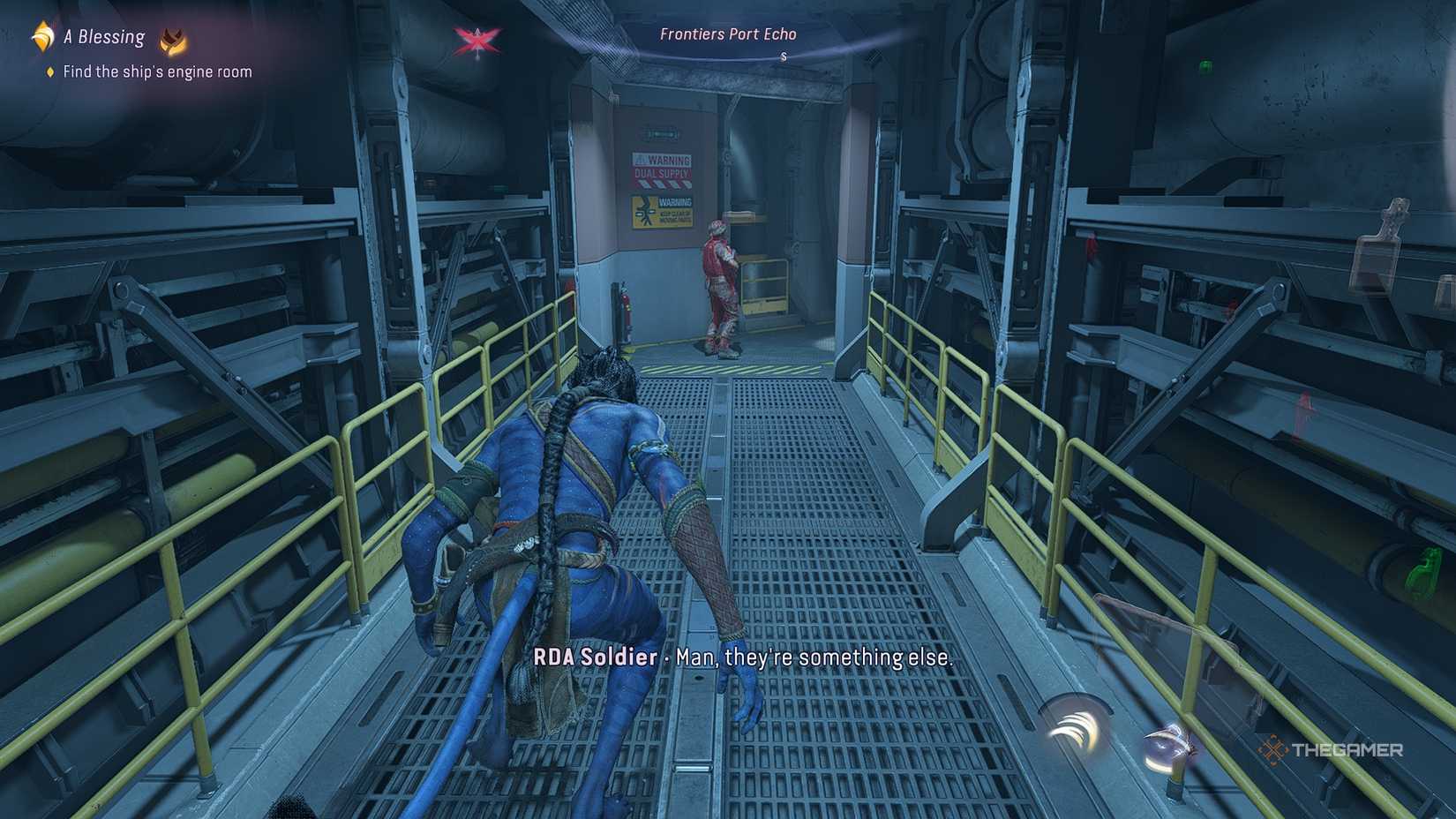 Avatar_ Frontiers of Pandora™ So'lek sneaking through tunnels while a soldier talks.