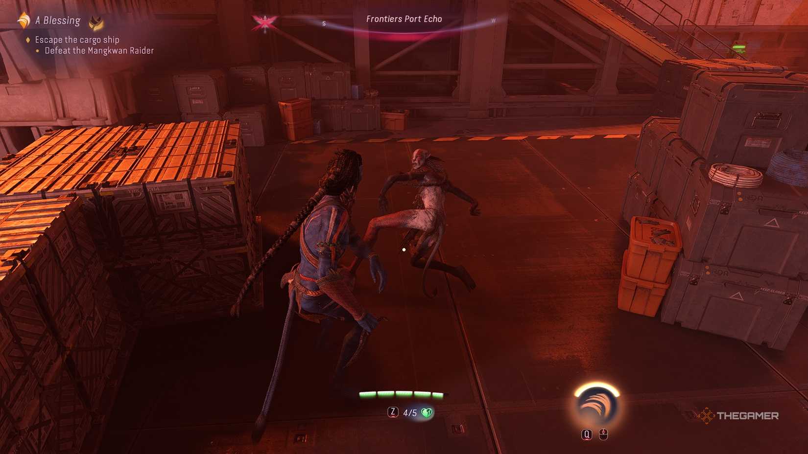 Avatar_ Frontiers of Pandora™ So'lek standing over Uknam as she begs for mercy.