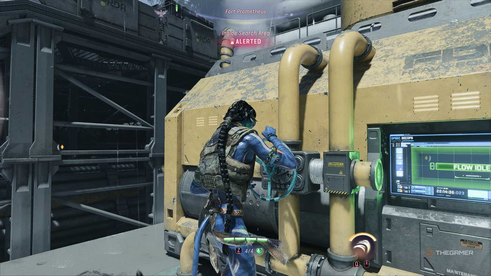 Avatar_ Frontiers of Pandora™ So'lek turning a valve to shut off fuel at a yellow station.