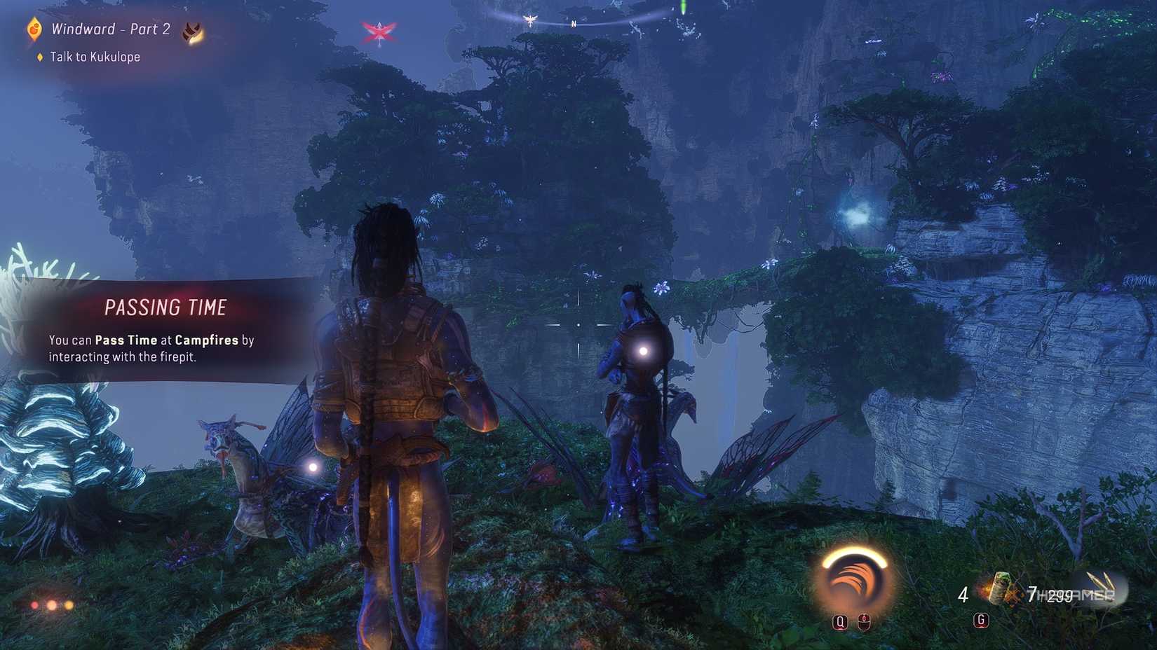 Avatar_ Frontiers of Pandora™ Standing next to Kukulope at a campfire.