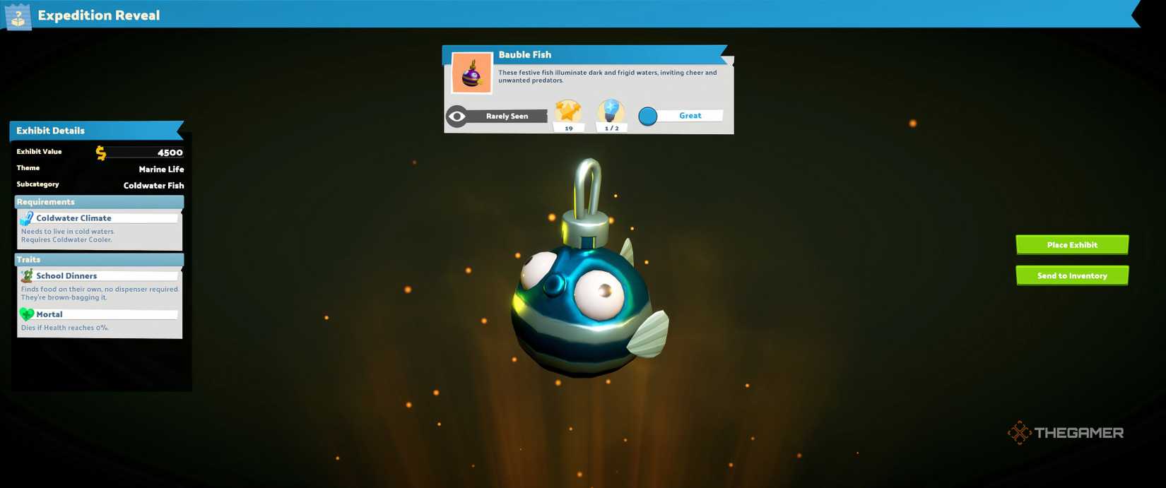 Bauble Fish discovery screen with stats and image in Two Point Museum.