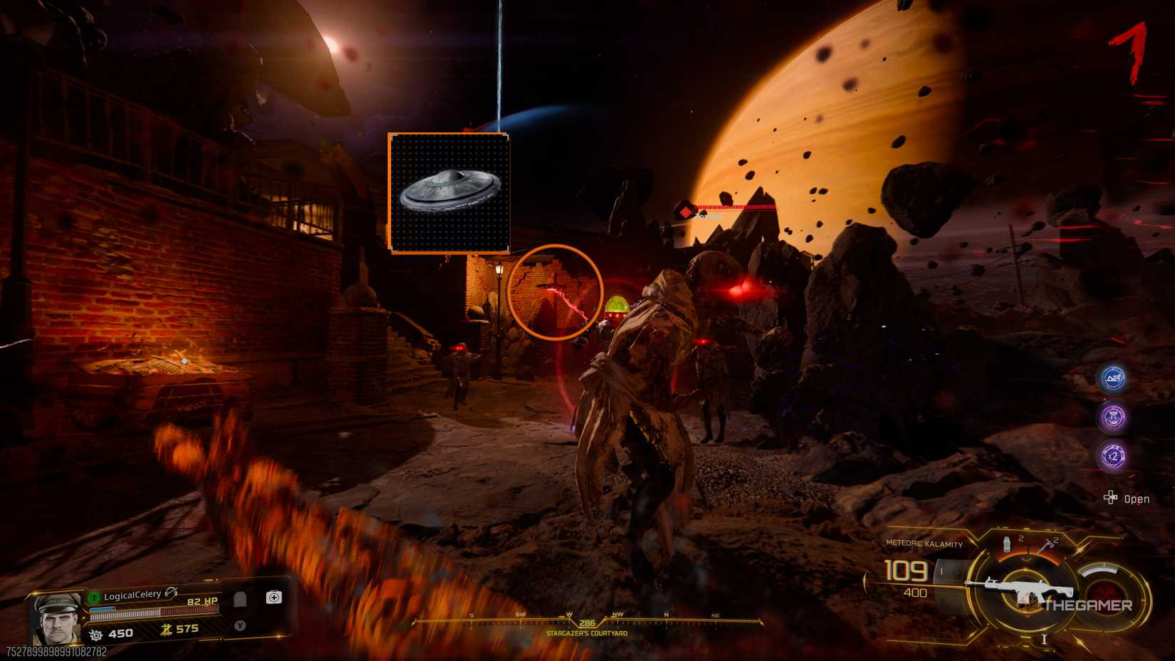 Black Ops 7 screenshot of Zombies and OSCAR charging towards the player, with the UFO icon next to an orange circle.