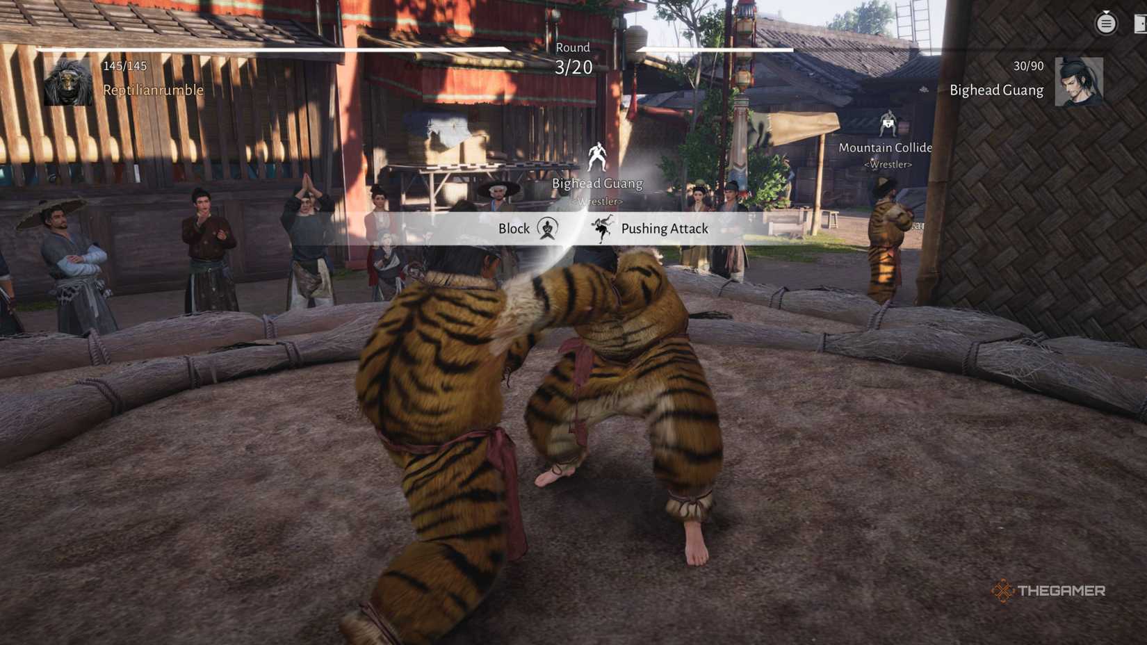 Blocking an attack in wrestling in where winds meet.