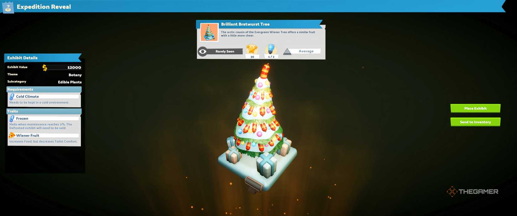 Brilliant Bratwurst tree discovery screen with image and stats in Two Point Museum.