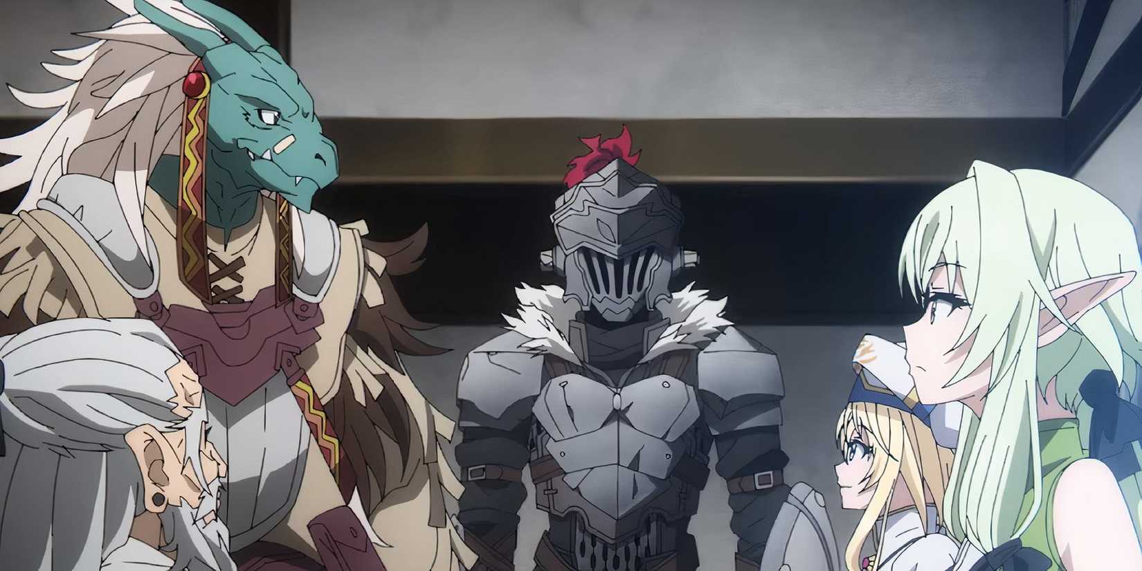 Characters from Goblin Slayer, with the Goblin Slayer, sitting and discussing their next quest.
