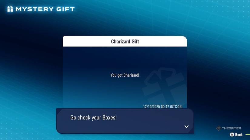 Charizard inside your mystery gift screen in Pokemon Legends Z A.