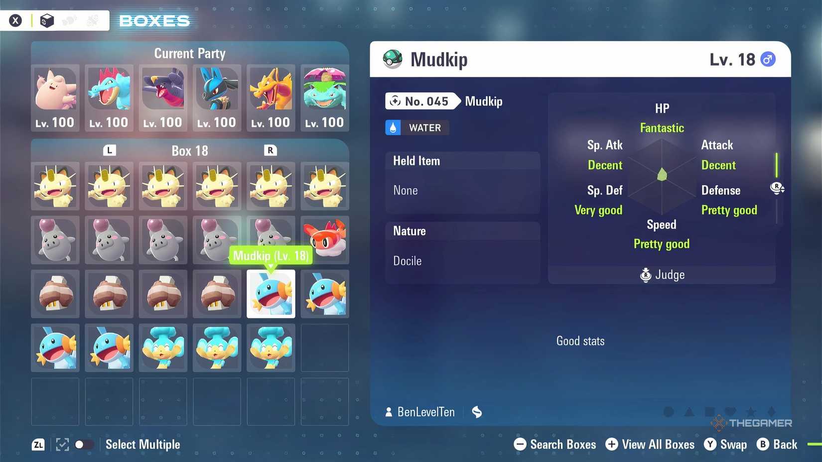 Checking one of four caught Mudkip's IVs in Pokemon Legends: Z-A.