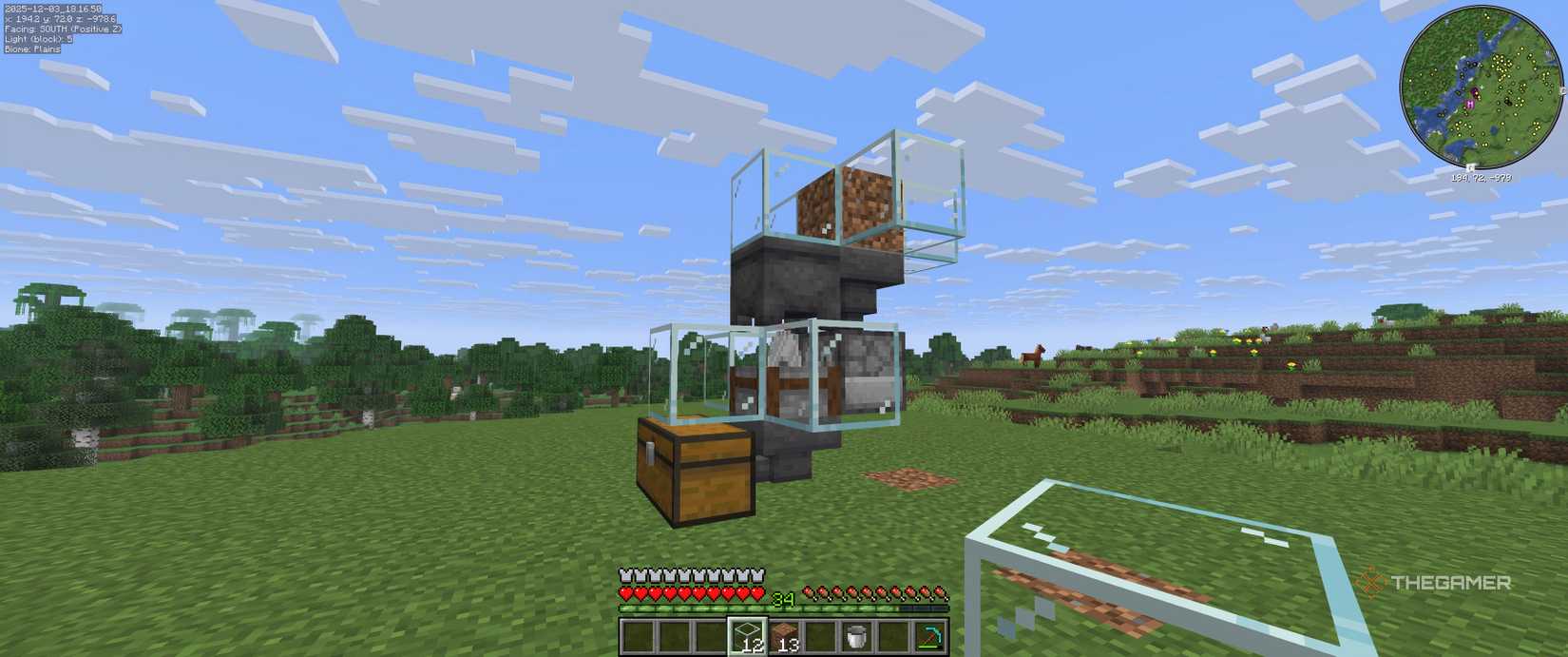Chicken farm in minecraft with dirt block as placeholder to add glass.