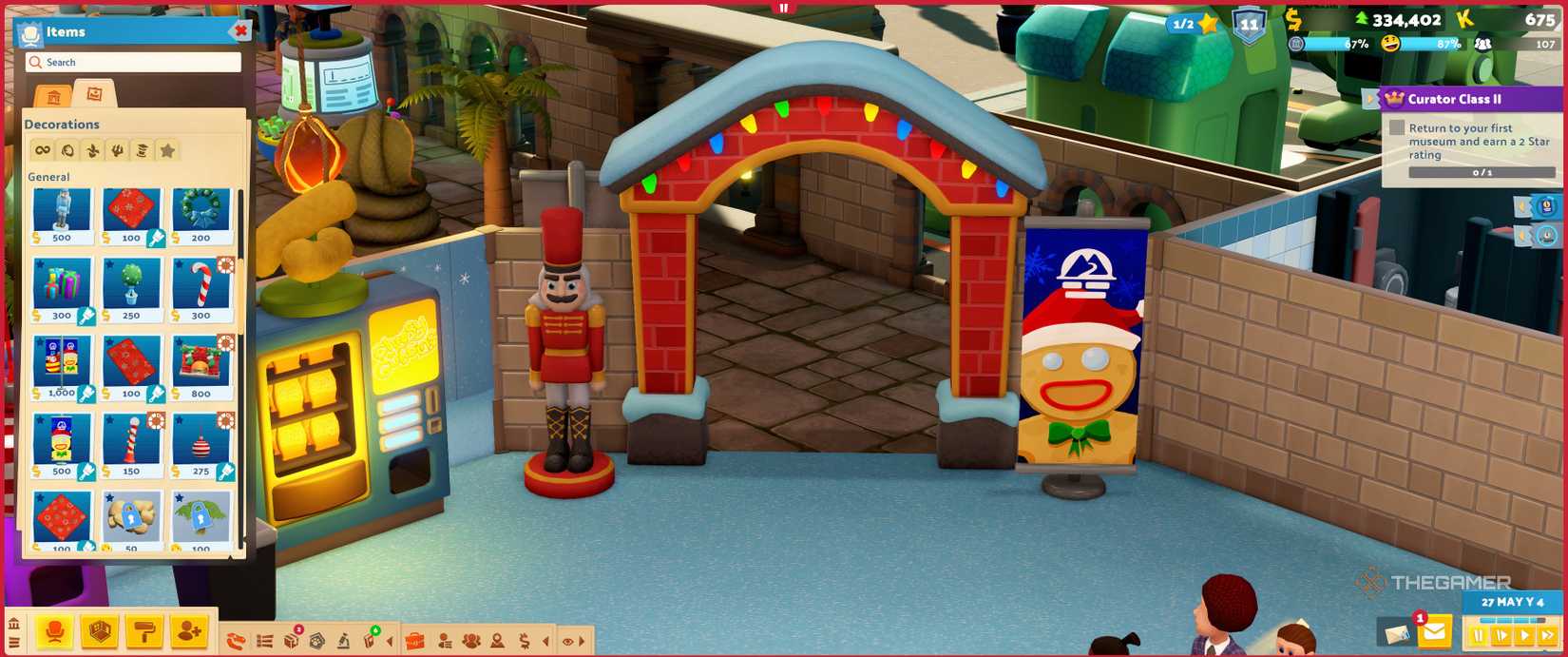 Christmas archway and open decor tab showing other christmas items in Two Point Museum,