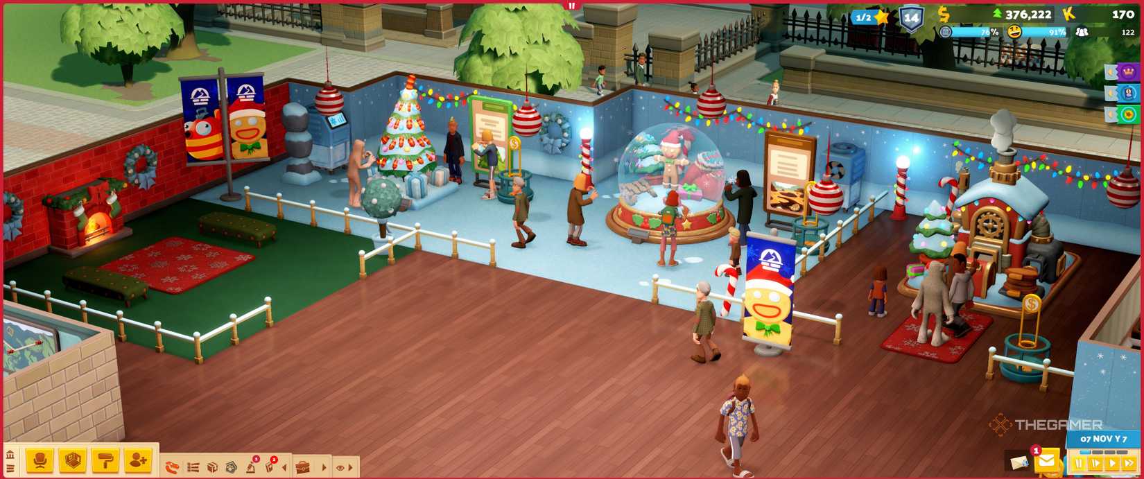 Christmas Exhibits and decor in a line in Two Point Museum.