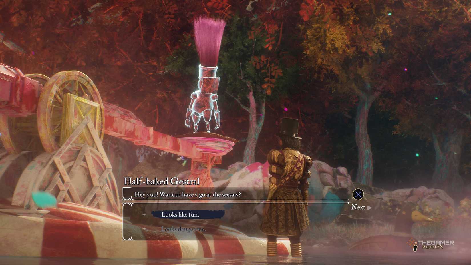 A gestral asking Verso to play seesaw with them in clair obscur expedition 33.