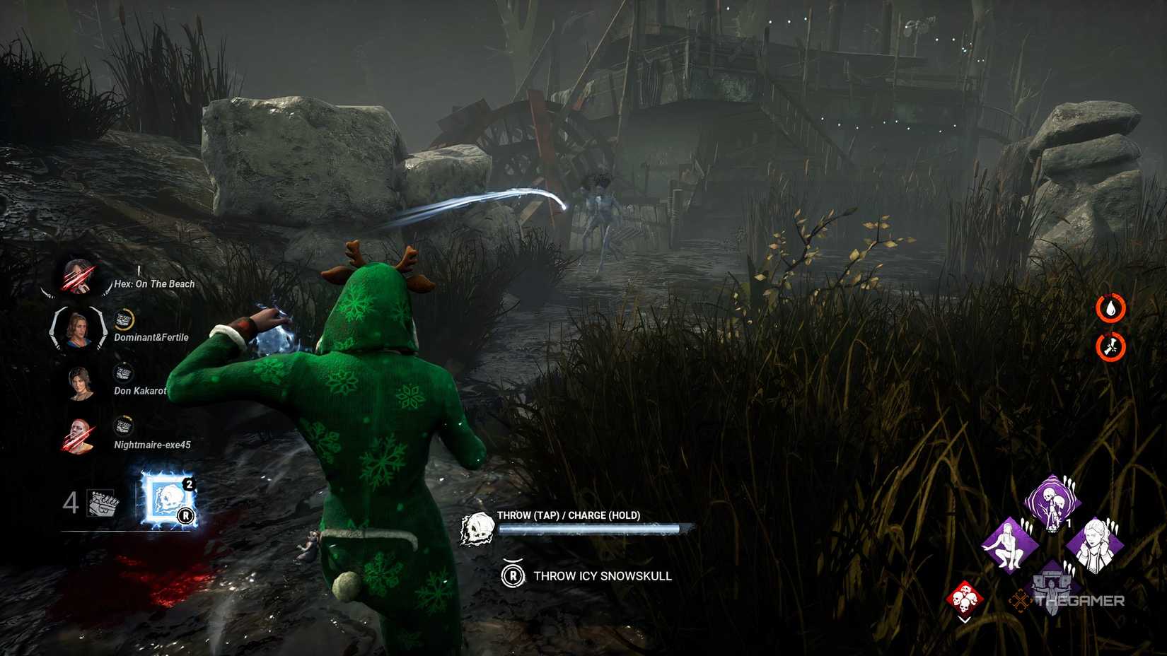 Dead By Daylight throwing a snowskull at Spirit.