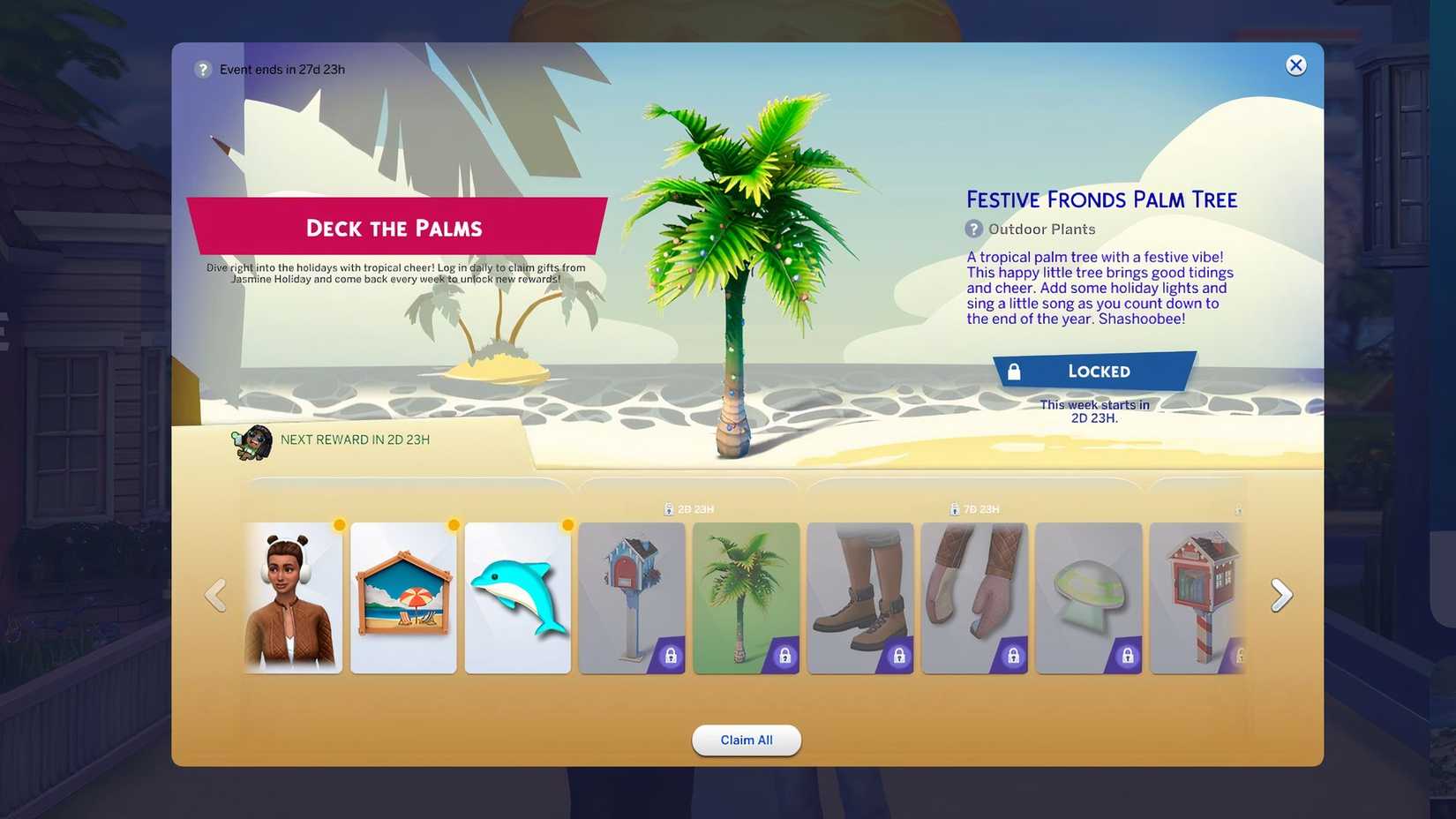 Deck The Halls Claim screen with Festive Fronds Palm Tree.