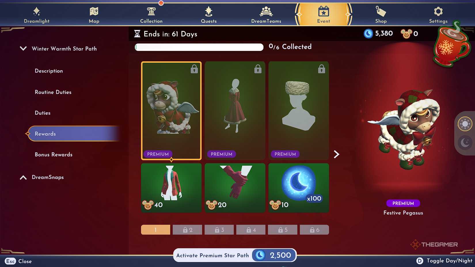 Disney Dreamlight Valley Festive Pegasus companion on a holiday themed menu.