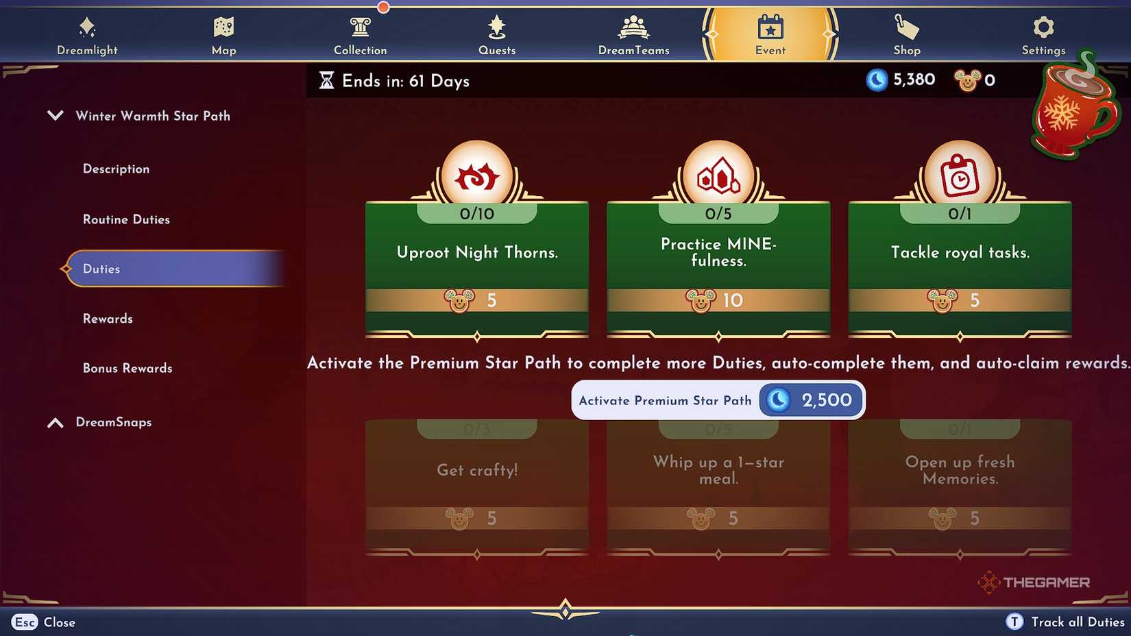 Disney Dreamlight Valley Holiday themed tasks listed for the Star Path.