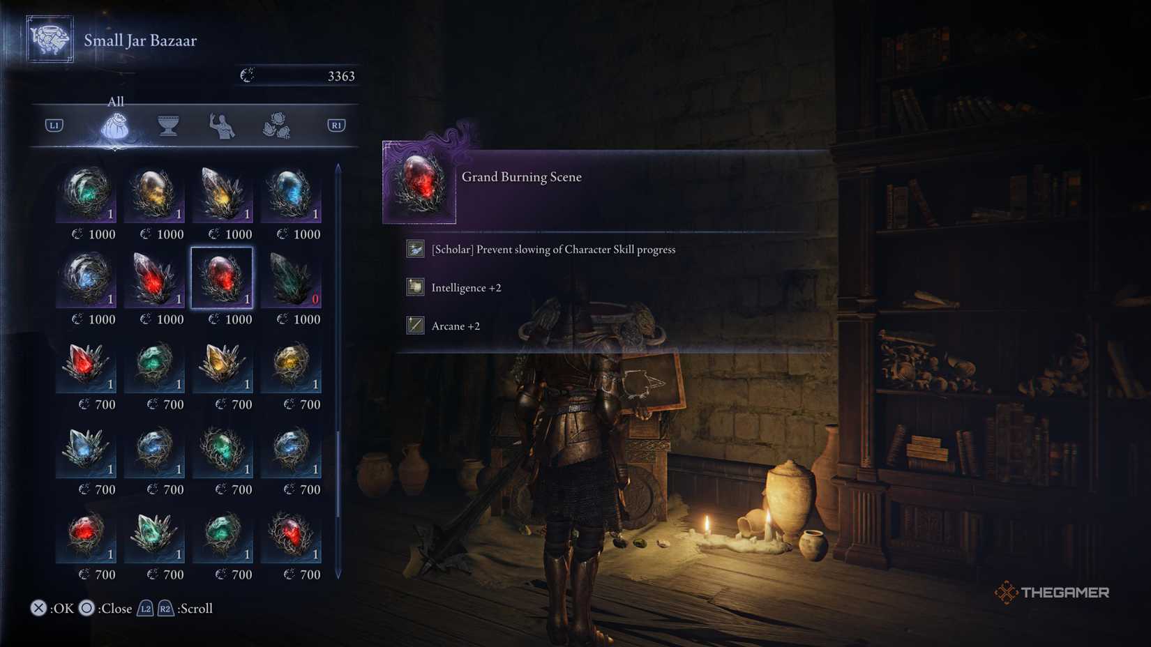 The Small Jar Bazaar showing the Grand Burning Scene for the Scholar in Elden Ring: Nightreign.