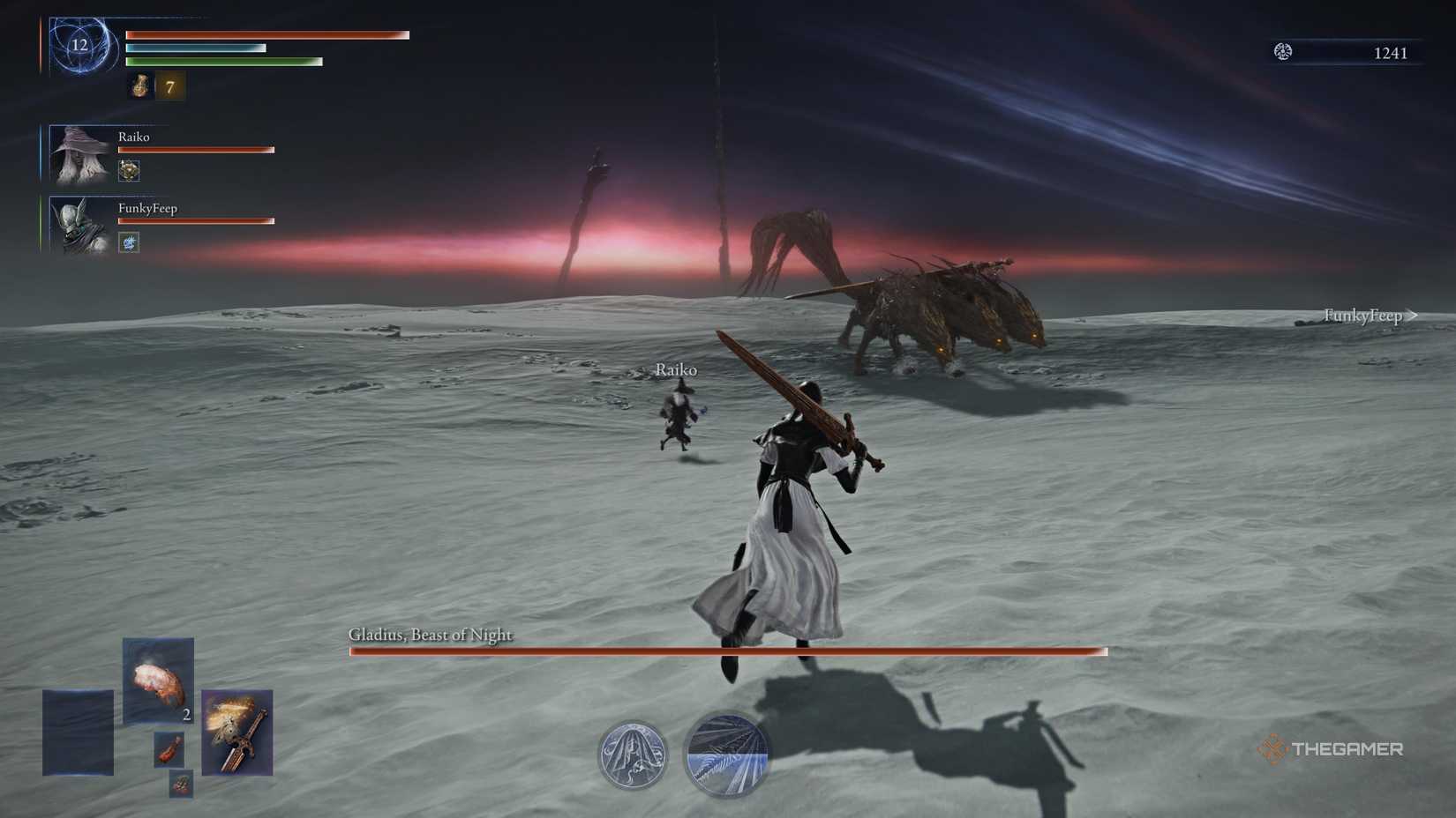 Two players running toward Gladius at the beginning of the fight in Elden Ring: Nightreign.