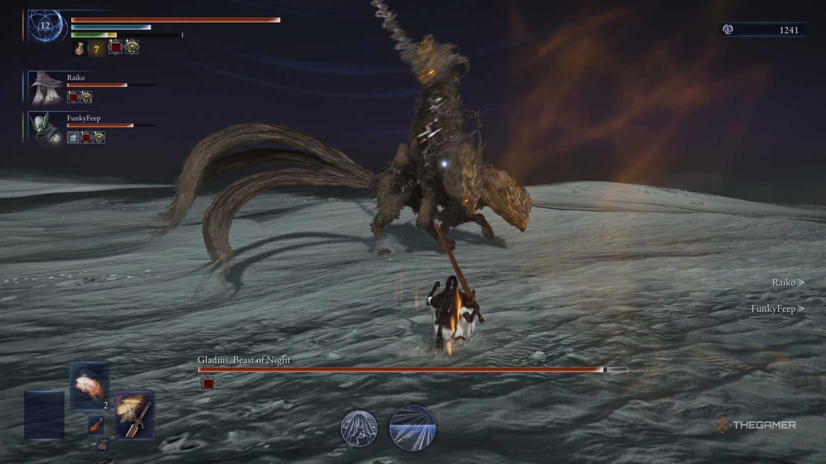 One of Gladius head grabbing the sword on its back in Elden Ring: Nightreign.