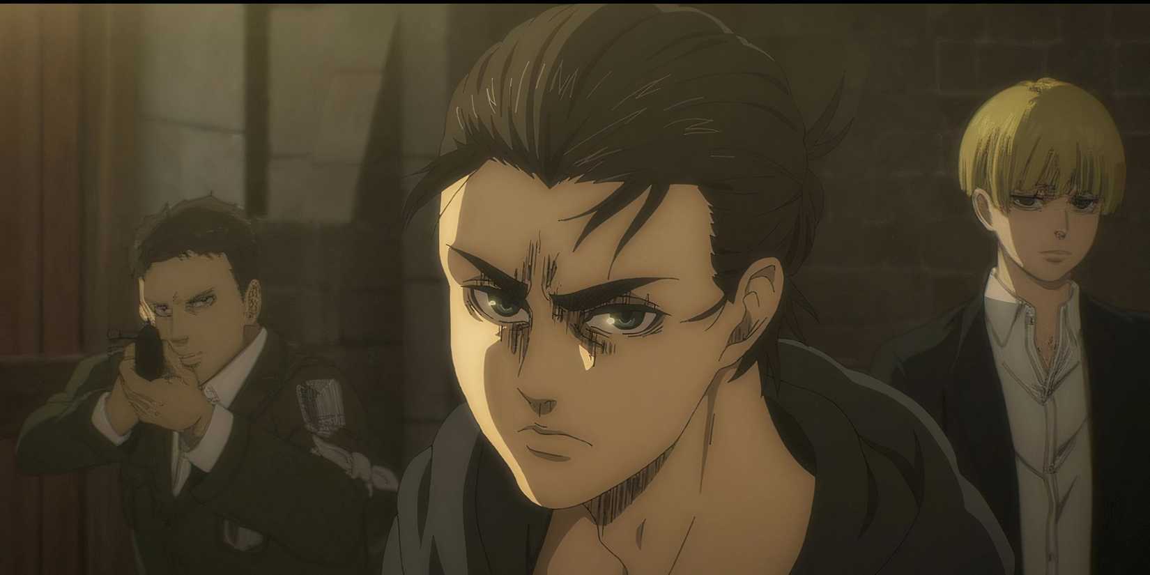 Eren Yeager flanked by two men.