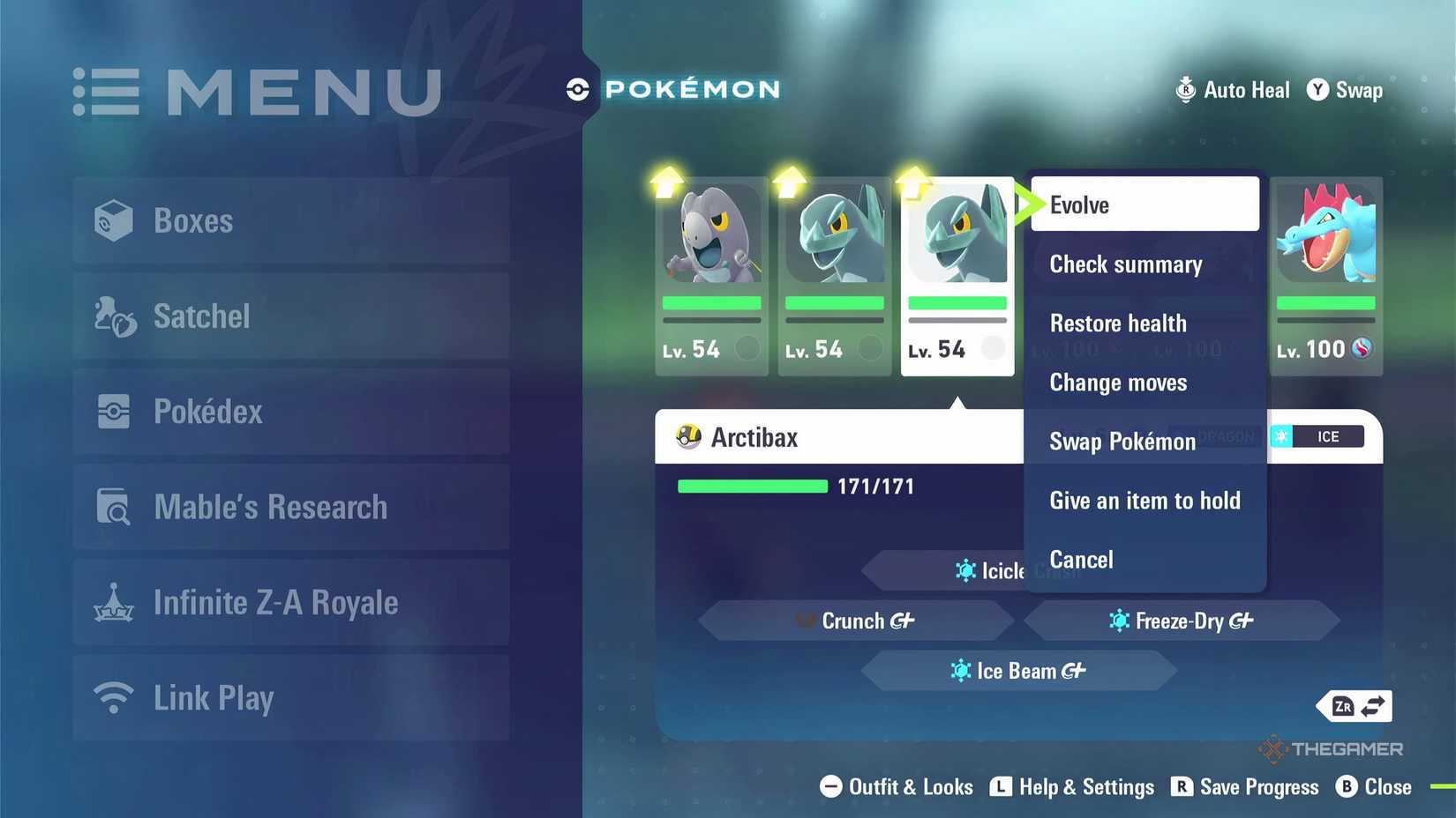 Evolving Frigibax into Arctibax and then into Baxcalibur in Pokemon Legends: Z-A.