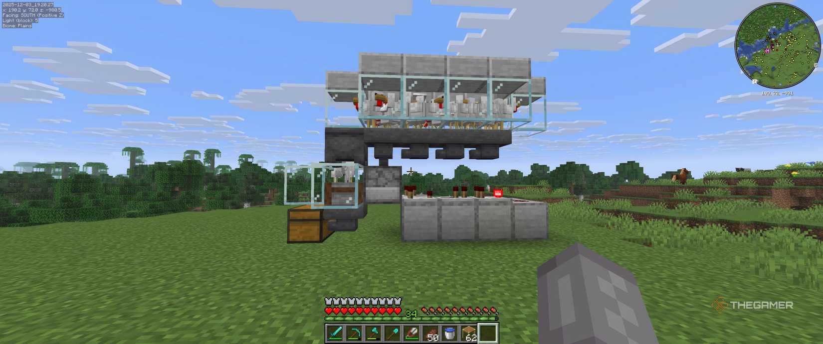 Expanded chicken farm with four hoppers of chickens above the cauldron and stonecutter in minecraft.