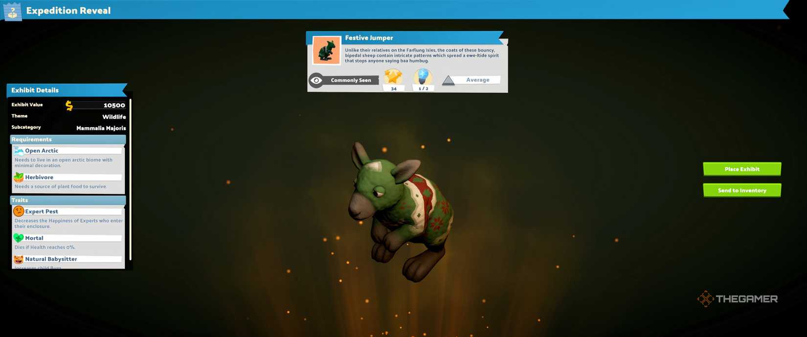 Festive Jumper discovery screen with image and stats in Two Point Museum.