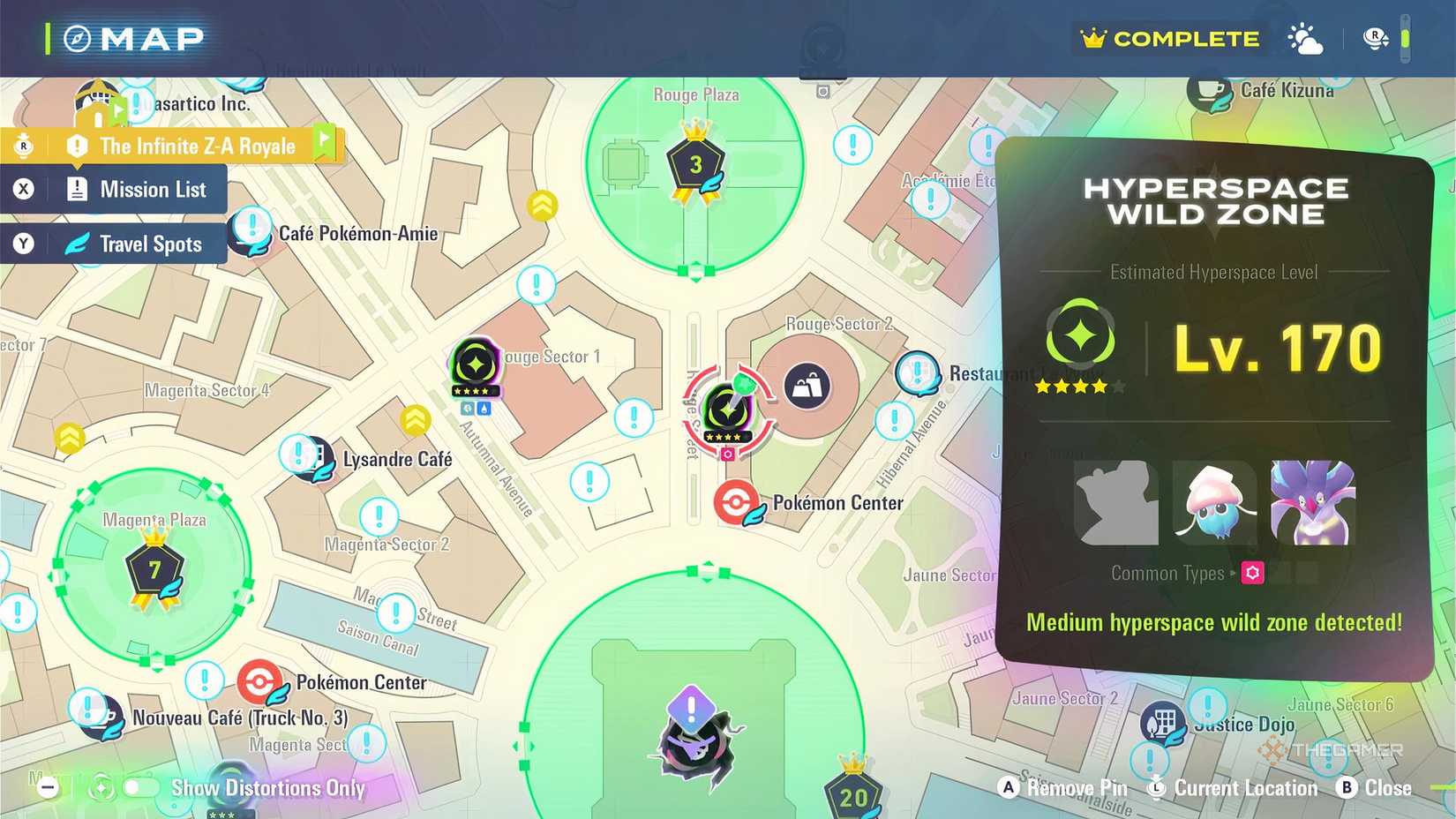 Finding a spawned Grumpig in Pokemon Legends: Z-A on the map of Lumiose City in a Hyperspace Wild Zone with the Mega Dimension DLC installed.