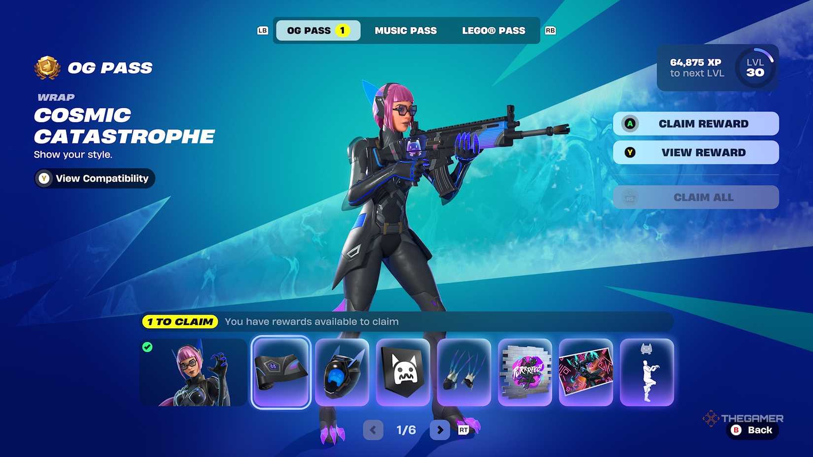 Fortnite OG Pass Page 1 showing 7 Lynx rewards.