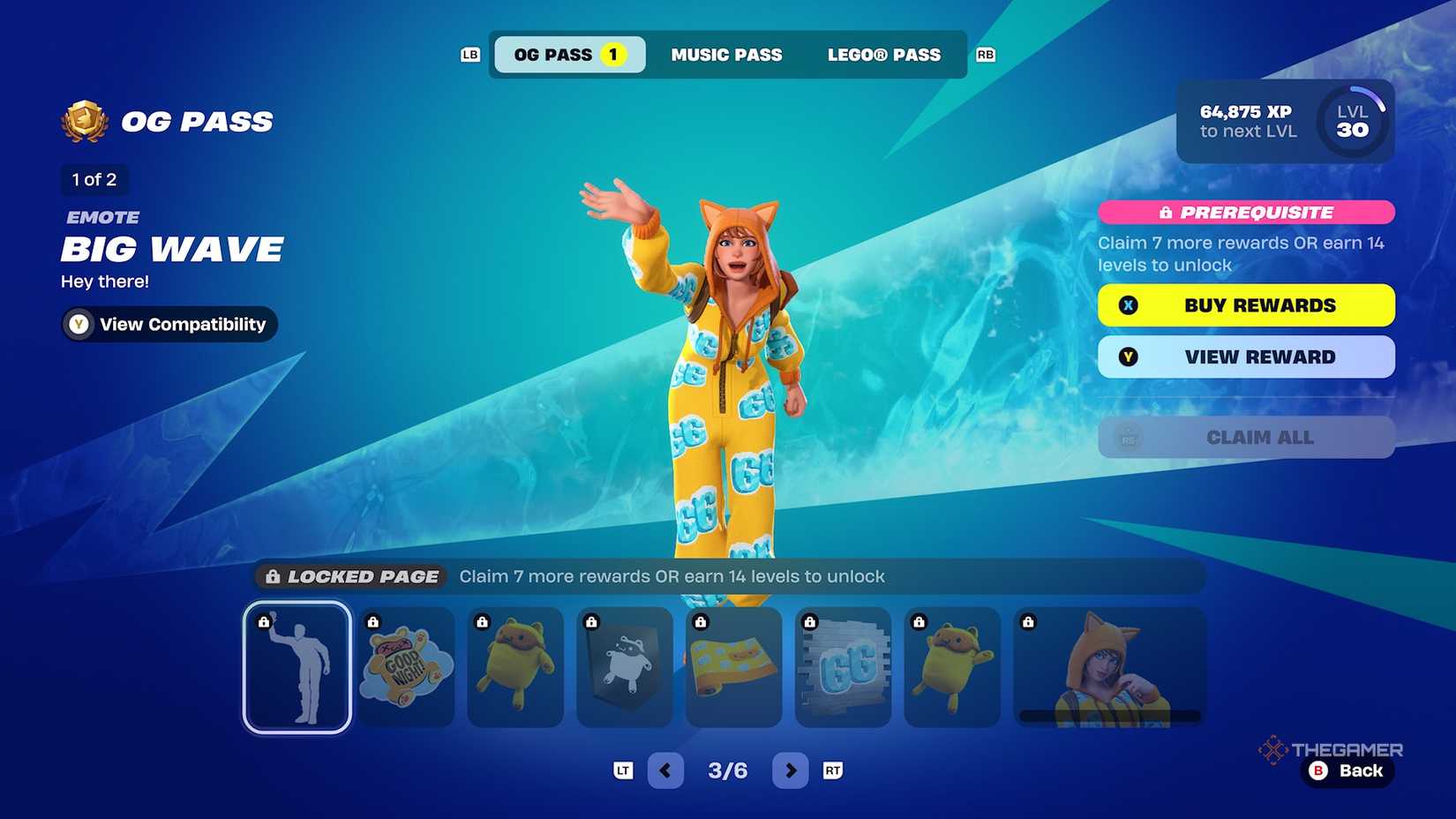Fortnite OG Pass Page 3 showing yellow onsie rewards.