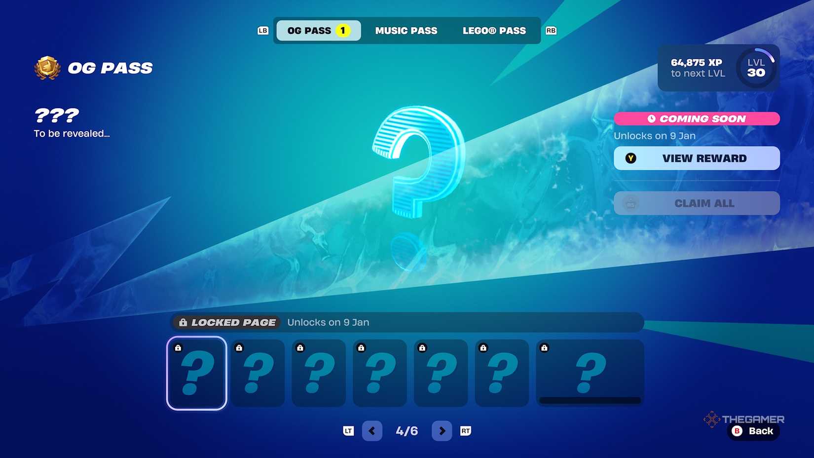 Fortnite OG Pass Page 4 showing locked rewards.