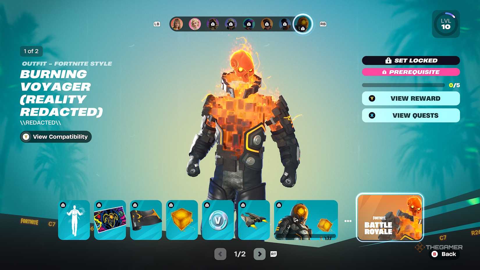 Fortnite Battle Pass Burning Voyager Reality Redacted cosmetics showing an orange skull guy with flames. 