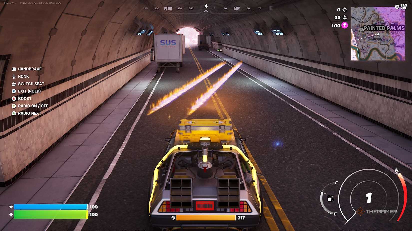 Fortnite DeLorean in a tunnel.