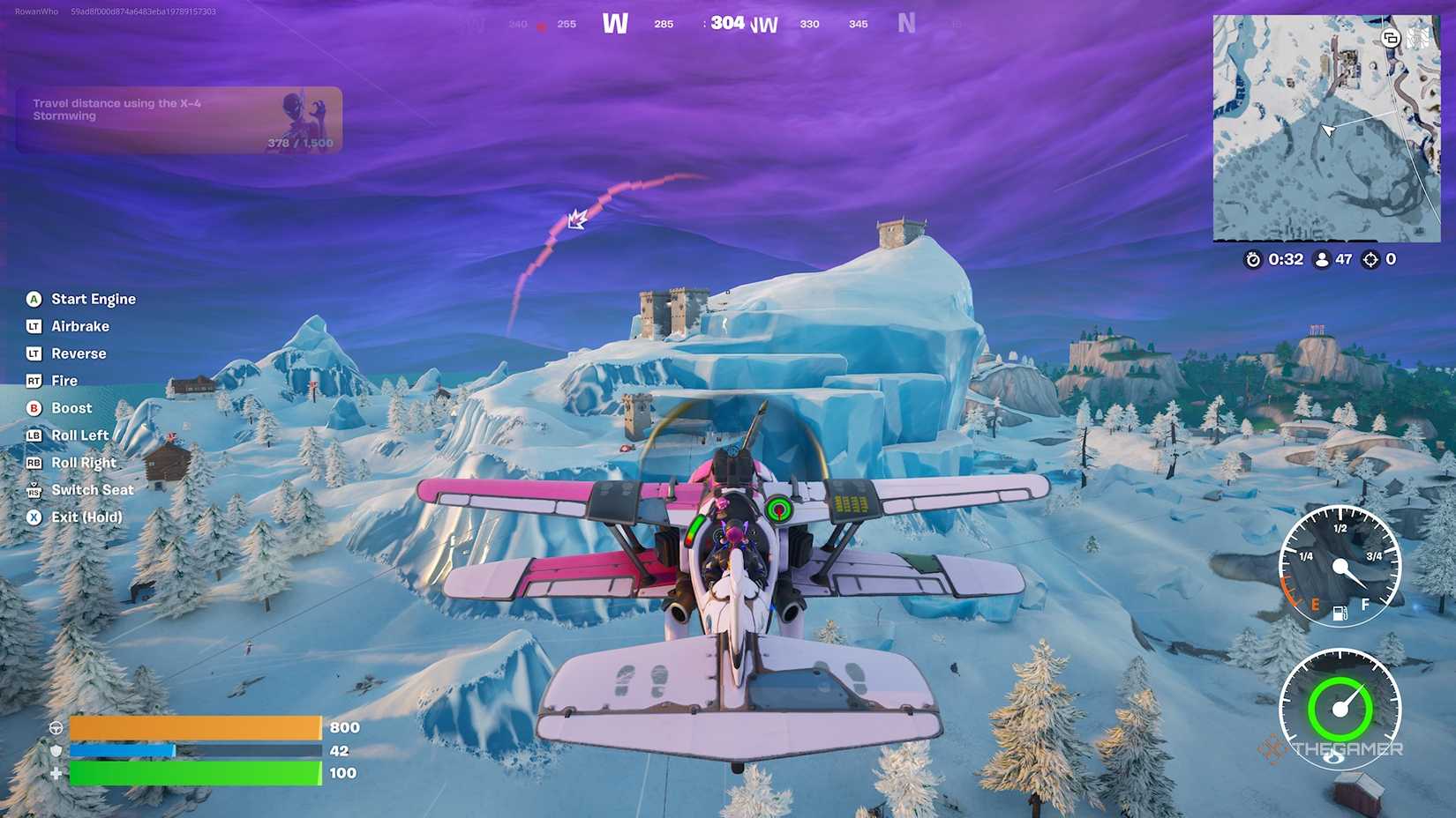 Fortnite - Flying a pink plane over snowy mountains.