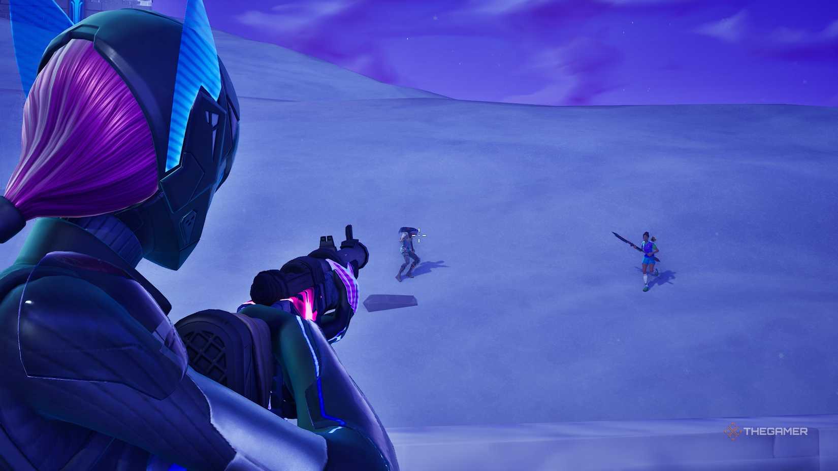 Fortnite character aiming gun on icy area.