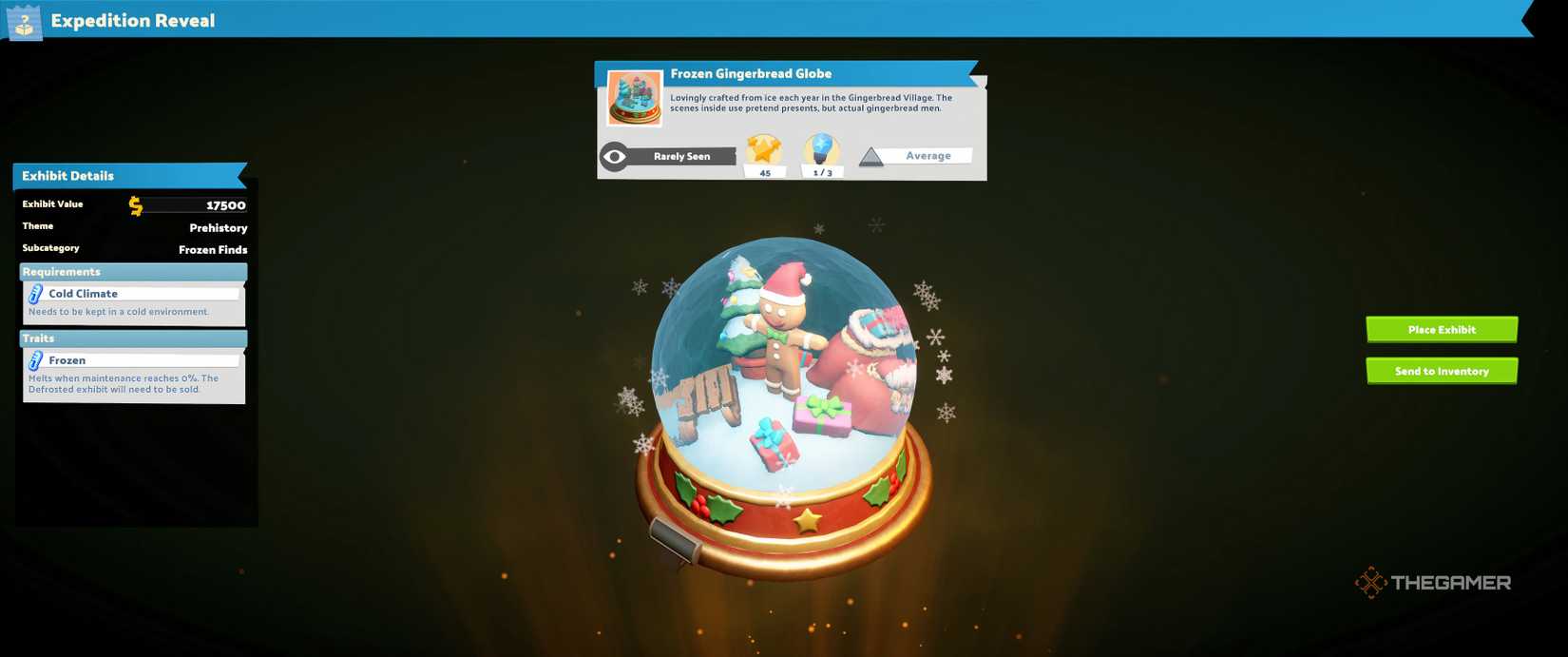 Frozen Gingerbread Globe discovery screen with image and stats of the item in Two Point Museum.