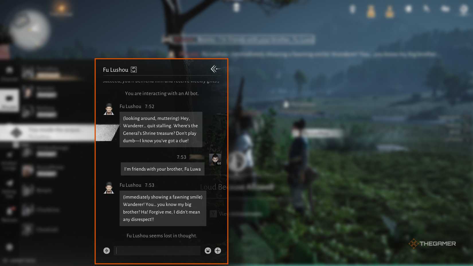 The player chatting with Fu Lushou in Where Winds Meet.