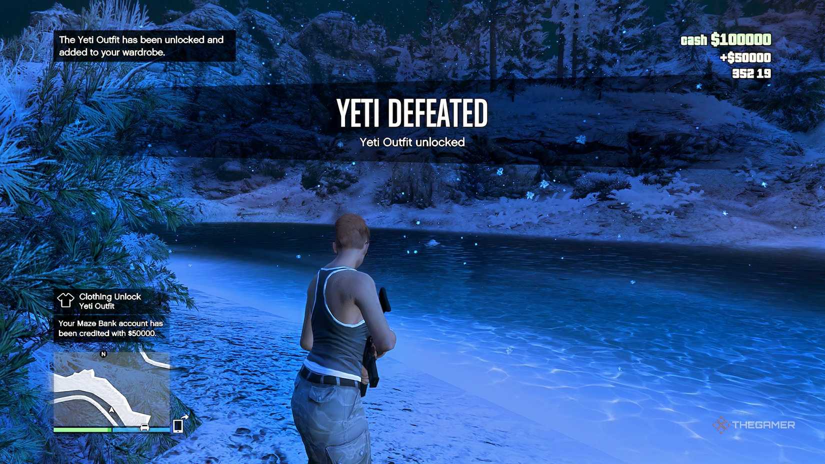 GTA Online yeti defeated with a rocket launcher in a river.