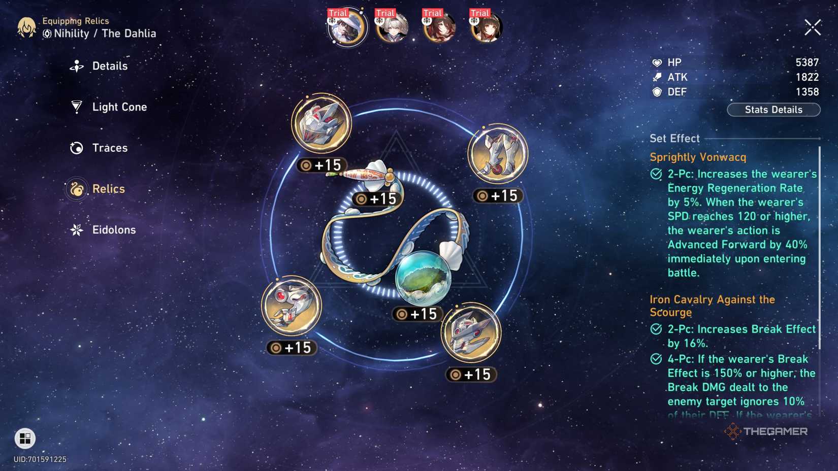 Honkai Star Rail The Dahlia using Iron Cavalry Against the Scourge and Sprightly Vonwacq relics.