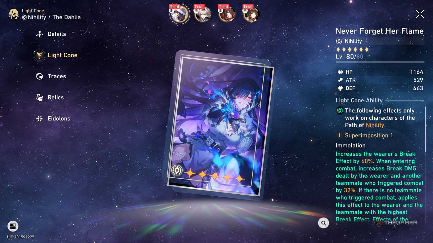 Honkai Star Rail The Dahlia using the Never Forget Her Flame light cone.