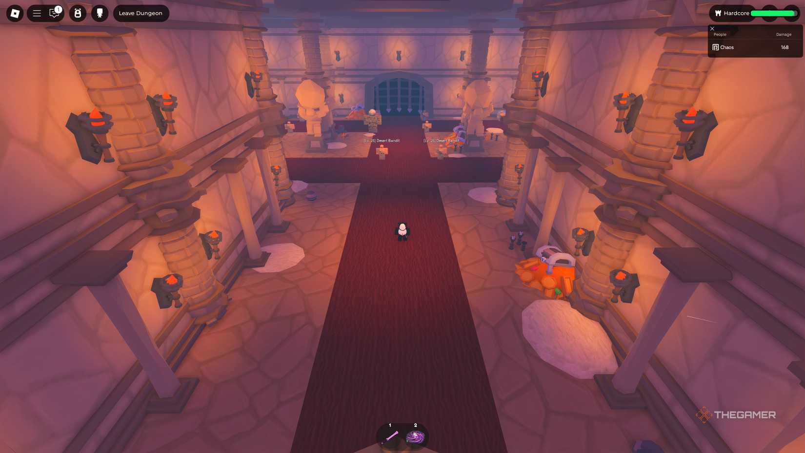 A player in the Ancient Tomb dungeon, in Roblox: Elemental Dungeons.